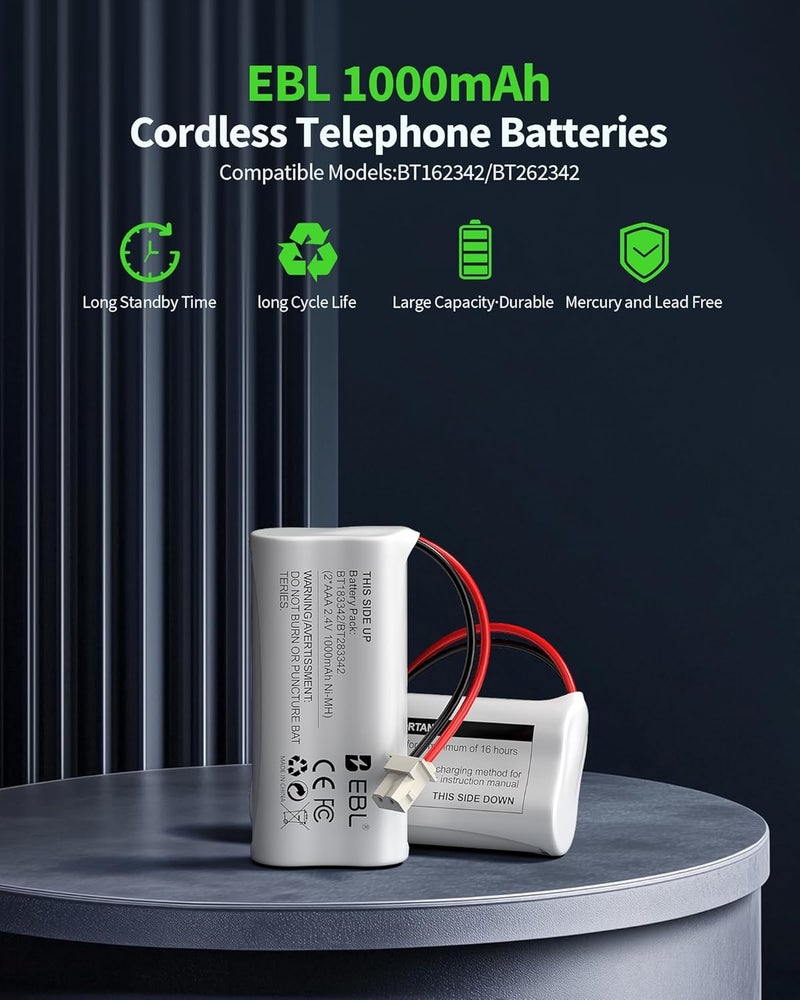 EBL BT162342/BT262342 2.4V 1000mAh Ni-MH Battery Compatible for BT183342/BT283342 BT166342/BT266342 VTech CS6114 CS6419 CS6719 at&T EL52300 CL80111 Cordless Phone (Pack of 4) White - Image 2